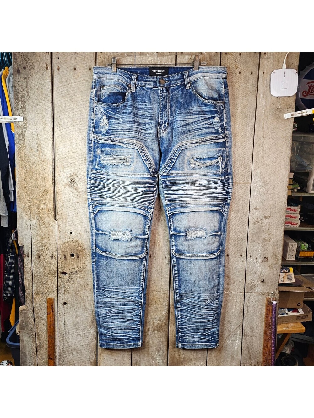 Victorious Men's Distressed Moto Jeans Light Wash Slim Fit Ripped 34 X 30